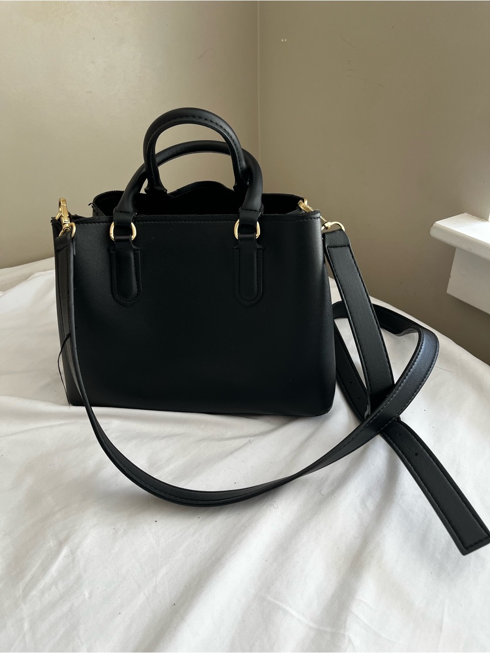 Black Structured Leather Satchel Handbag with Shoulder Strap